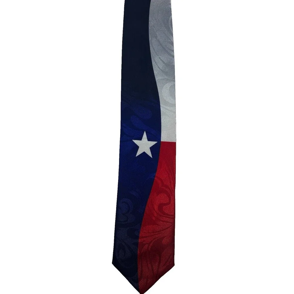 Roberto Cellini Texas Flag Tie Red White Blue Gray Star Scroll 58”x 3.75